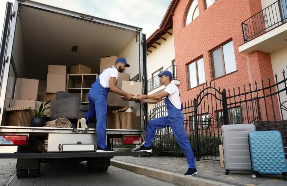 Movers arranging boxes of properties inside a van.