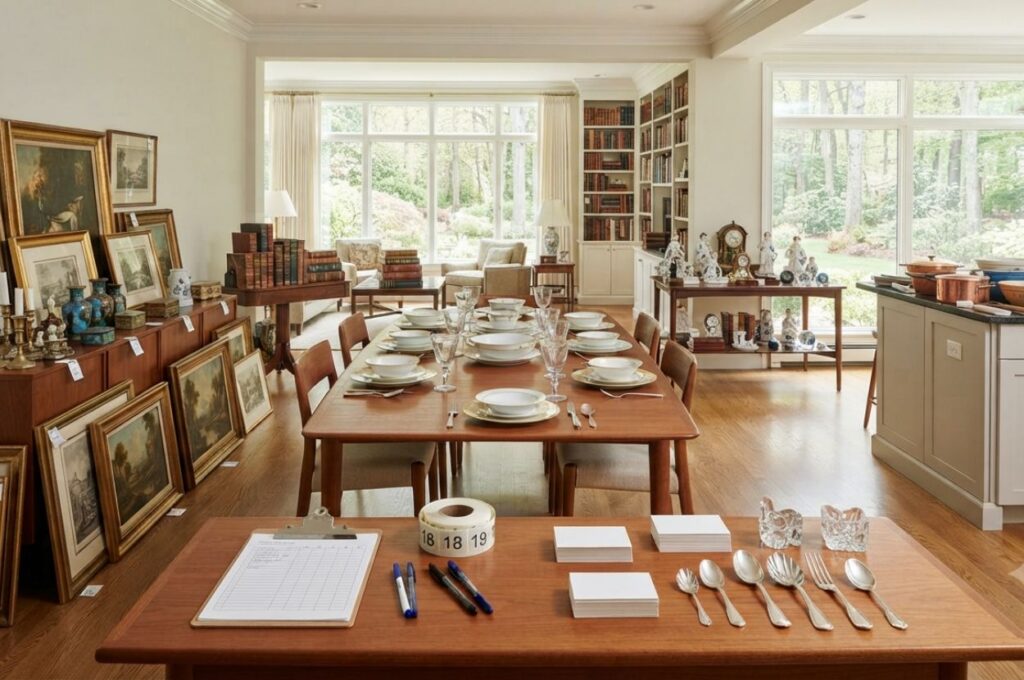 Household belongings sorted into categories before estate sale pricing
