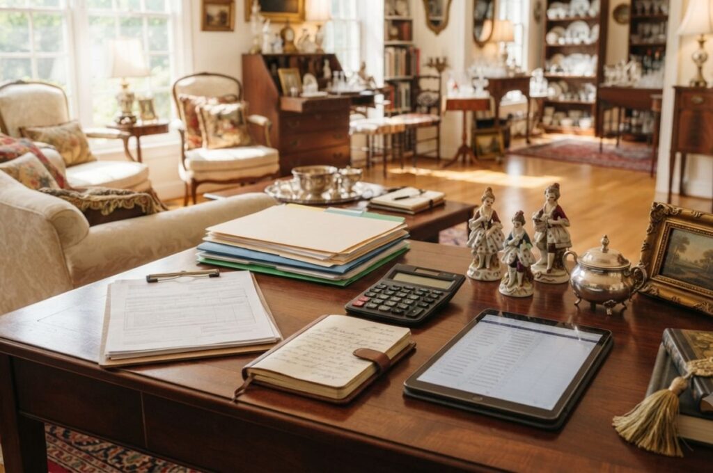 Estate sale paperwork calculator and collectibles on wooden table