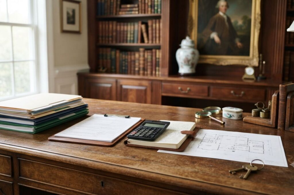 Estate planning documents organized beside valuable household antiques