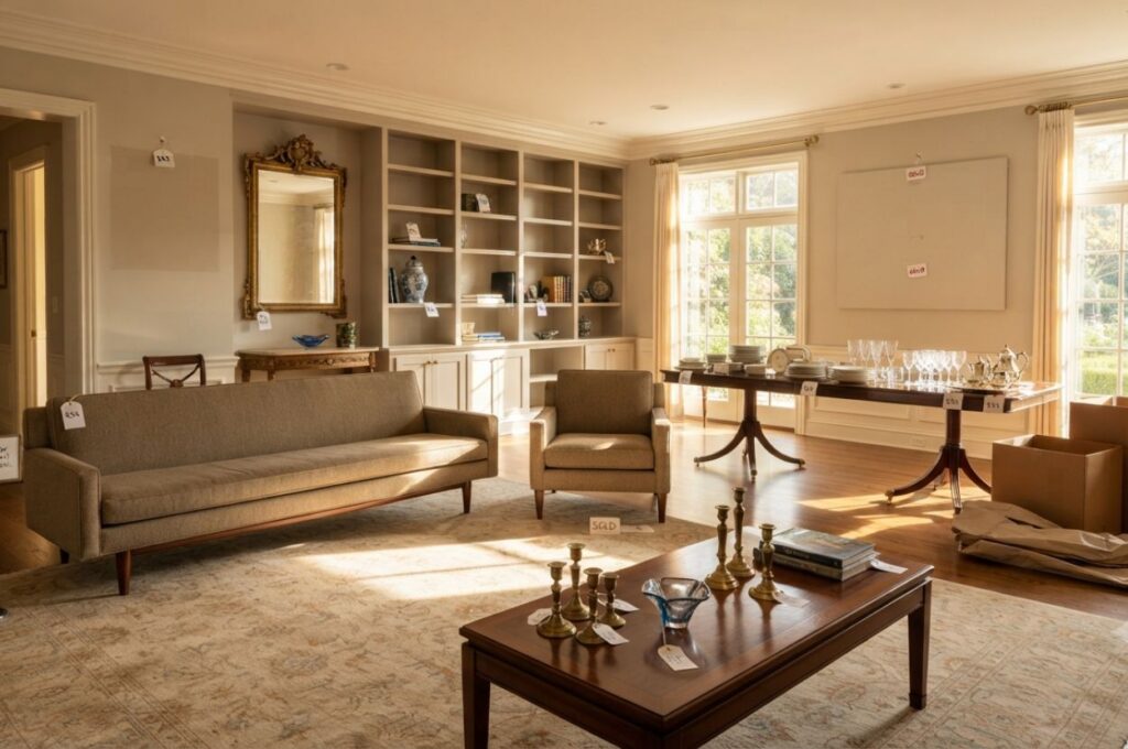 Estate sale furniture professionally displayed before successful household downsizing