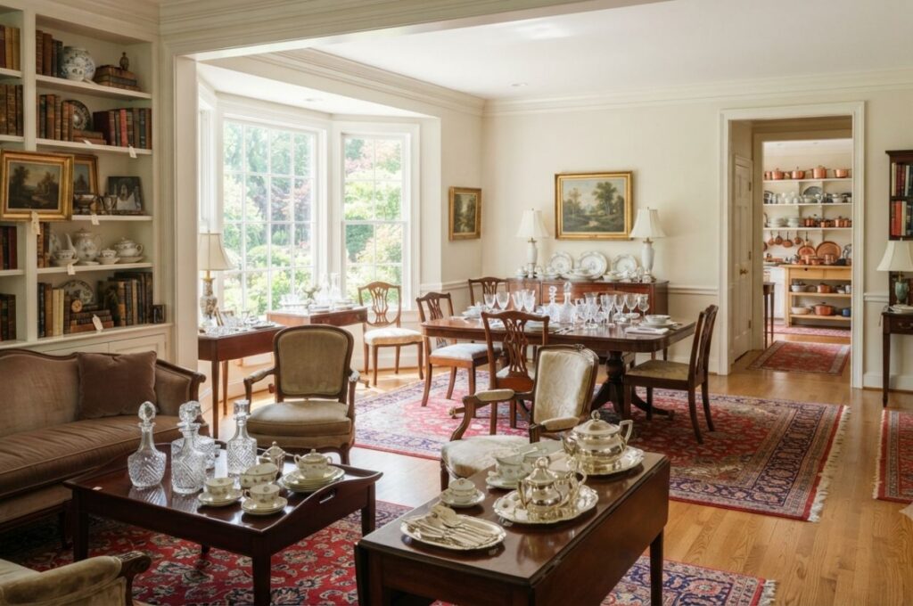 Professionally staged estate sale displaying furniture antiques and household goods
