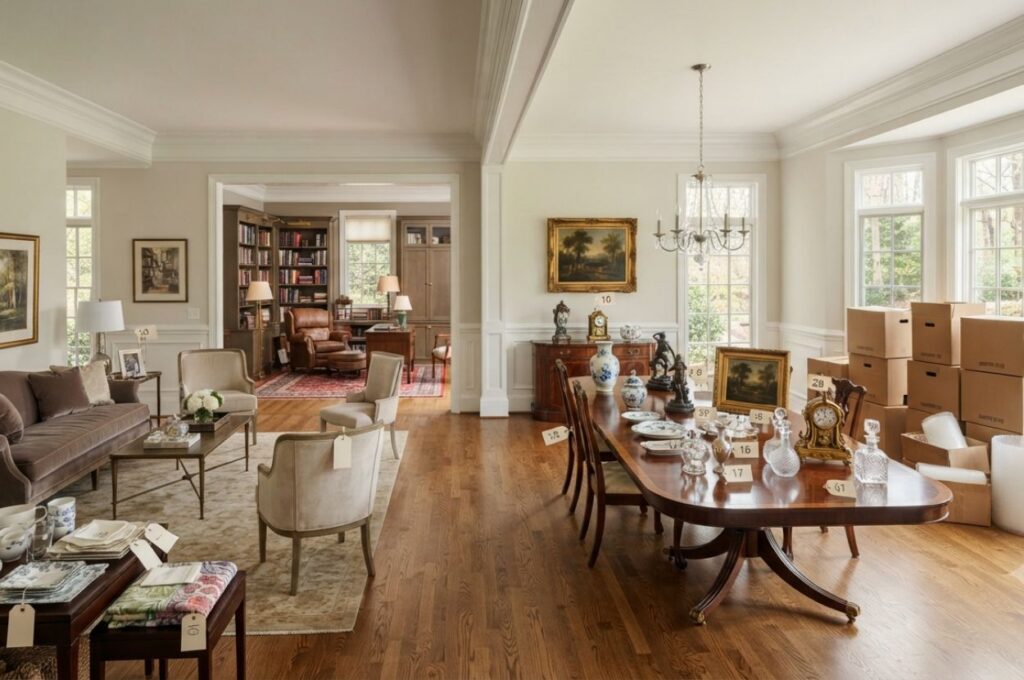 Estate sale items organized inside Rockville home before liquidation process