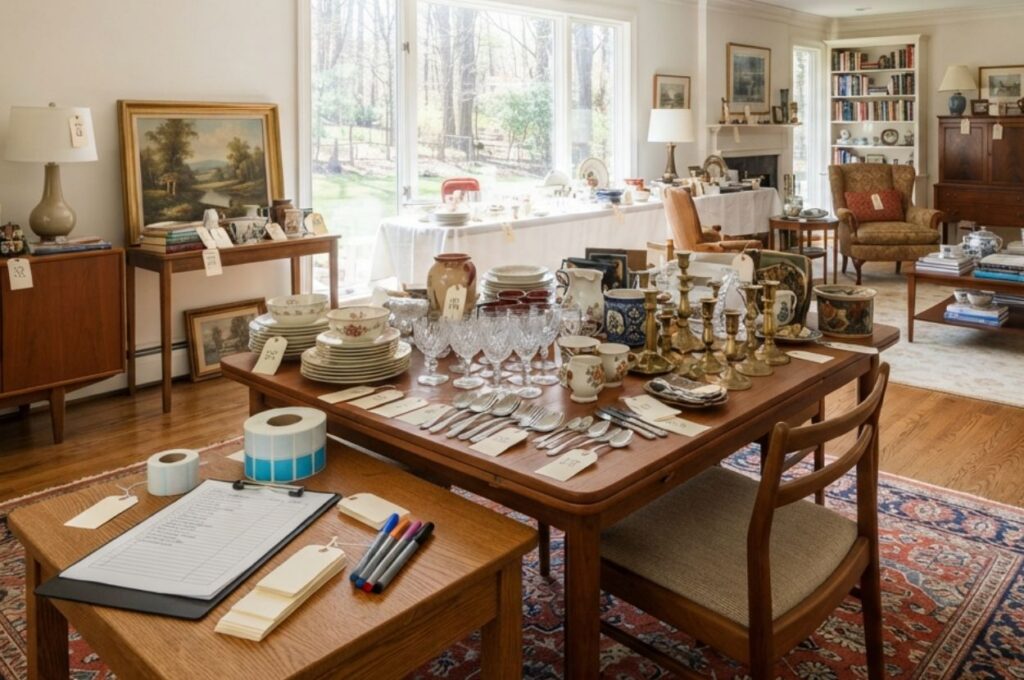 Estate belongings organized for professional pricing before sale begins