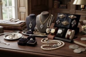 Estate jewelry collection with vintage gold, diamonds, and coins