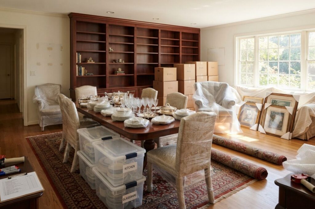 Packed moving boxes replacing furniture throughout longtime family home