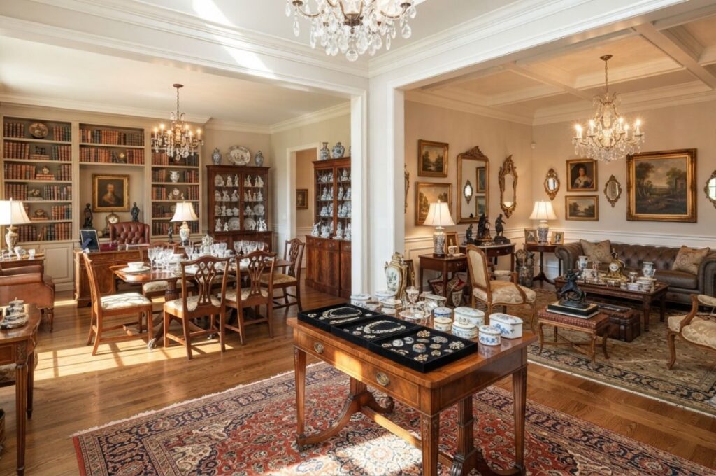 Professionally organized estate sale featuring antiques and collectibles indoors
