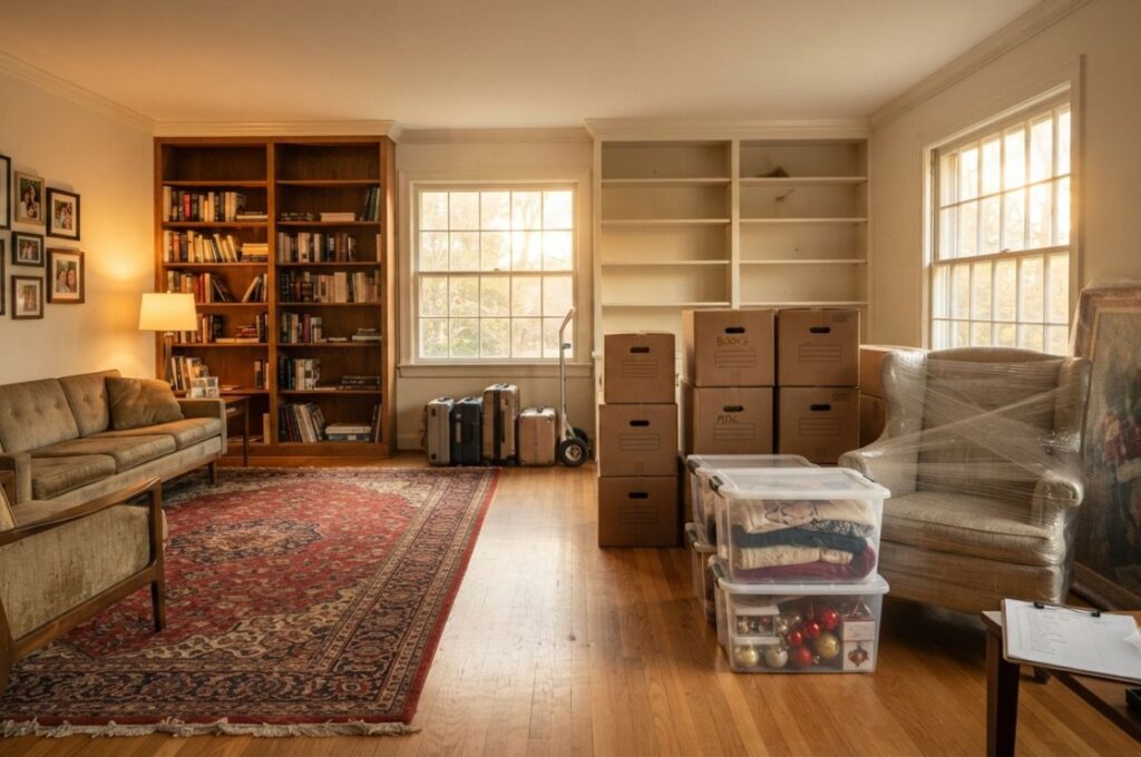 Senior home actively being downsized before moving to smaller residence