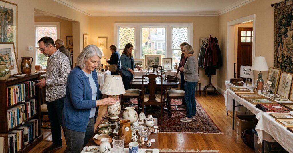 Shoppers browsing an estate sale in a suburban home in the DC metro area