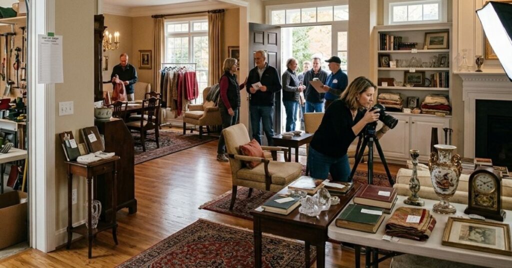 Estate sale professional preparing and organizing a home before opening day