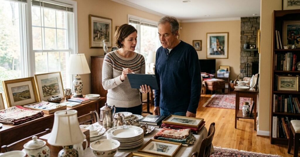 A homeowner meeting with an estate sale professional inside a residential home before an estate sale.